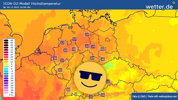 Höchsttemperaturen im Deutschen ICON-D2-Modell für Mittwoch, 5. November 2025